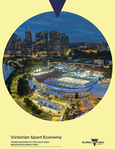 The covering page of the exhibitors directory, featuring a night time birds eye view overlooking Melbourne's sporting precinct.