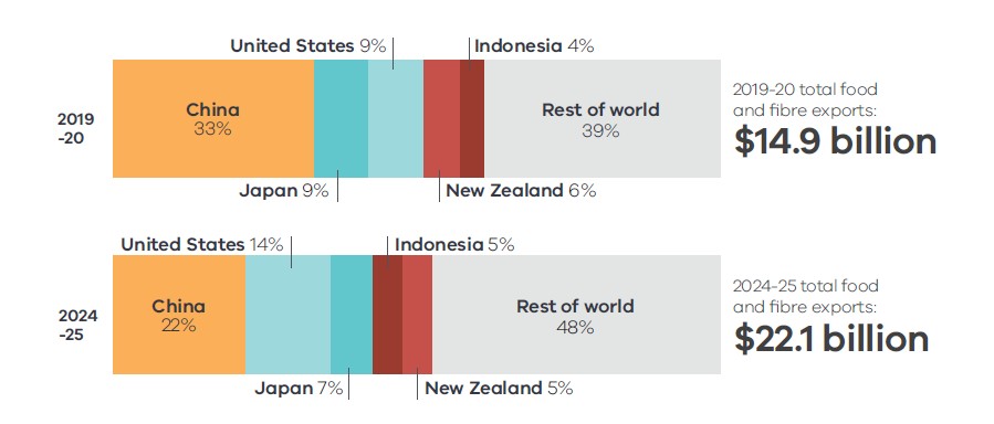 Two horizontal stacked bar charts comparing the destination breakdown of Victorian food and fibre exports between 2019–20 and 2024–25. 2019–20 (total: $14.9 billion): China 33%, Rest of world 39%, United States 9%, Japan 9%, New Zealand 6%, Indonesia 4%. 2024–25 (total: $22.1 billion): China 22%, Rest of world 48%, United States 14%, Japan 7%, New Zealand 5%, Indonesia 5%. The charts illustrate significant export growth overall, a reduced reliance on China (down from 33% to 22%), and a notable increase in market diversification, with the United States share rising from 9% to 14% and the Rest of world share growing from 39% to 48%.