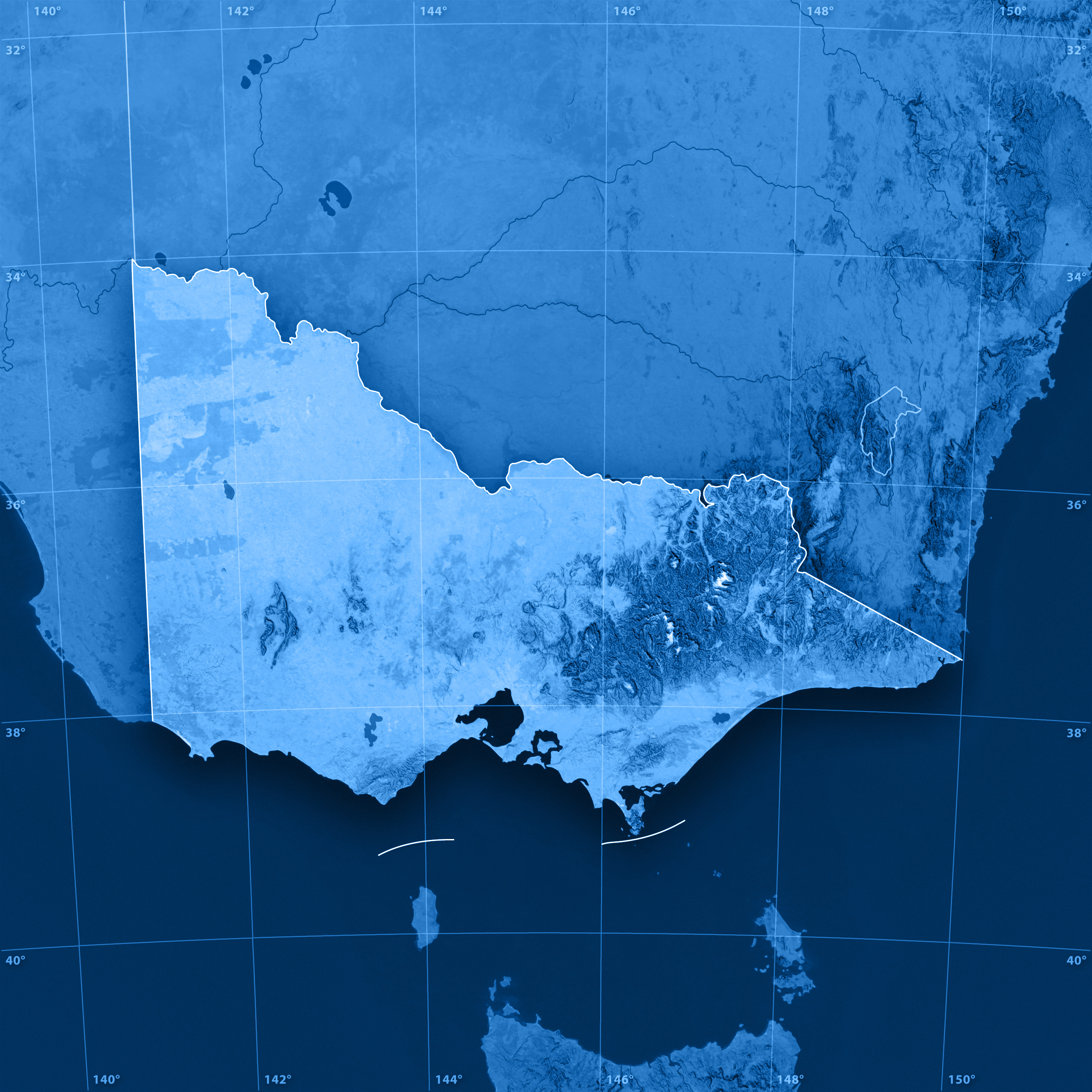 Topographic Map of Victoria, Australia. Including state borders, rivers and accurate longitude/latitude lines. 