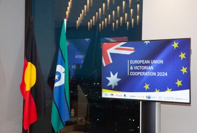 European and Victorian Cooperation 2024 Pull up banner set against the Aboriginal and Torres Strait Islander flags in the background