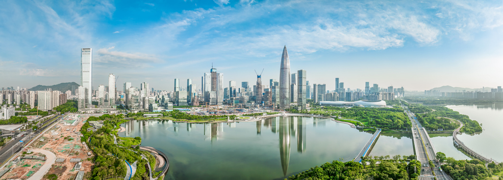 Panoramic view of city financial district buildings skyline in Shenzhen, China