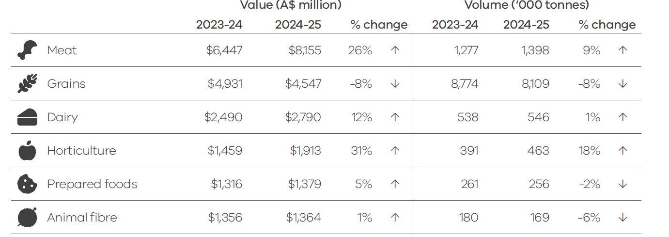 A table showing Victorian food and fibre export performance by sector, comparing value (A$ million) and volume ('000 tonnes) between 2023–24 and 2024–25. Value changes: Meat: $6,447m → $8,155m (↑ 26%). Grains: $4,931m → $4,547m (↓ 8%). Dairy: $2,490m → $2,790m (↑ 12%). Horticulture: $1,459m → $1,913m (↑ 31%). Prepared foods: $1,316m → $1,379m (↑ 5%). Animal fibre: $1,356m → $1,364m (↑ 1%). Volume changes: Meat: 1,277 → 1,398 thousand tonnes (↑ 9%). Grains: 8,774 → 8,109 (↓ 8%). Dairy: 538 → 546 (↑ 1%). Horticulture: 391 → 463 (↑ 18%). Prepared foods: 261 → 256 (↓ 2%). Animal fibre: 180 → 169 (↓ 6%).