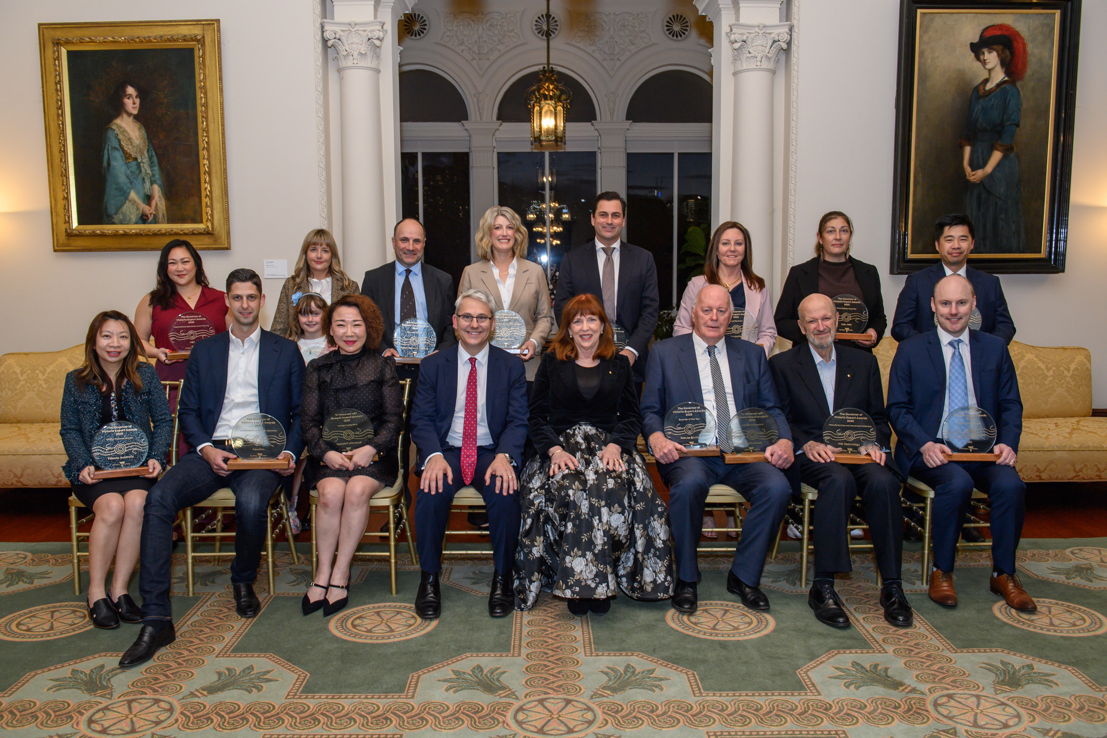 Group shot of the 2025 GOVEA Winners, alongside the Governor of Victoria and Minister for Economic Growth and Jobs